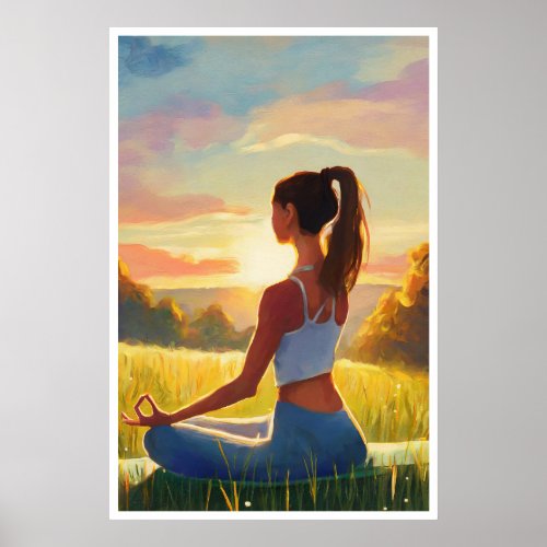 Yoga in the field at sunset poster