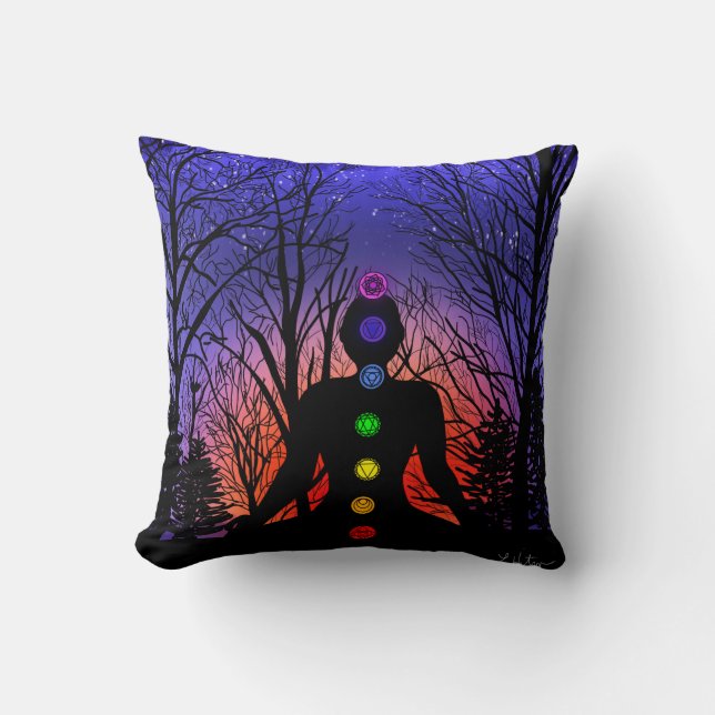 Yoga in the Park | Chakras and Trees Meditation Throw Pillow (Front)