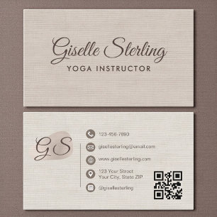 Yoga Instructor Beige Linen Elegant QR Code Business Card