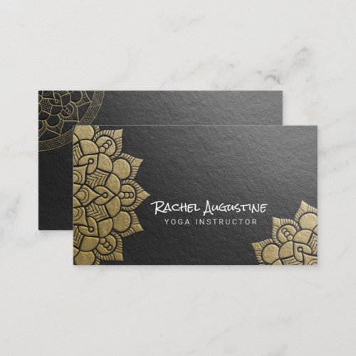 Yoga Instructor Black Gold Embossed Mandala Floral Business Card