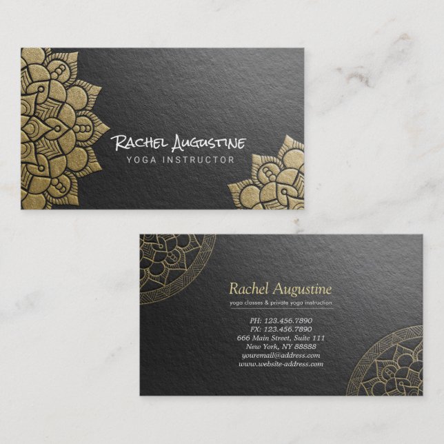 Yoga Instructor Black Gold Embossed Mandala Floral Business Card (Front/Back)