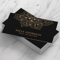 Yoga Instructor Black & Gold Lotus Mandala Business Card