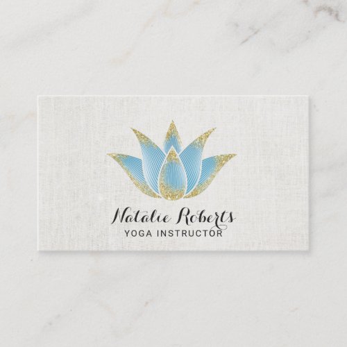 Yoga Instructor Blue Gold Lotus Elegant Linen Business Card