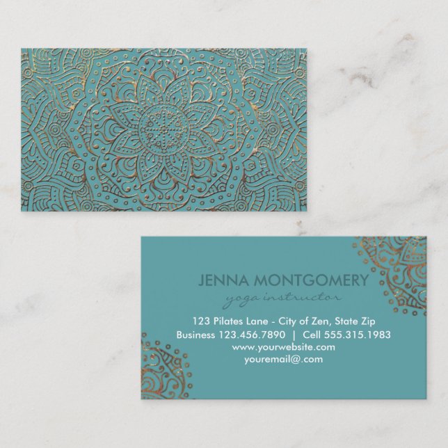 Yoga Instructor Boho | Elegant Teal Gold Mandala Business Card (Front/Back)