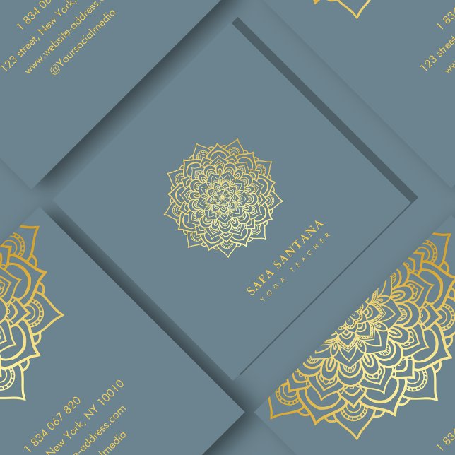 Yoga Instructor Dusty Blue And Gold Mandala   Square Business Card (Creator Uploaded)