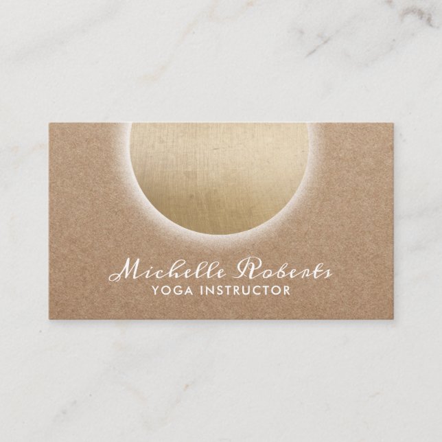 Yoga Instructor Glowing Gold Circle Rustic Kraft Business Card (Front)
