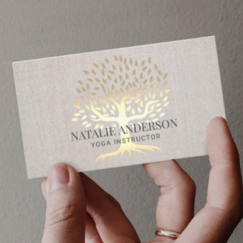 Yoga Instructor Gold Life Tree Vintage Linen Business Card by cardfactory at Zazzle