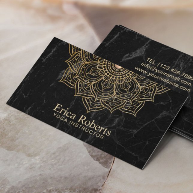 Yoga Instructor Gold Lotus Mandala Black Marble Business Card (Creator Uploaded)