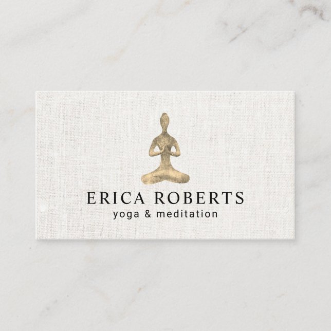 Yoga Instructor Gold Meditation Pose Elegant Linen Business Card (Front)
