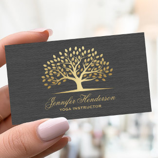 Yoga Instructor Gold Tree Elegant Gray Linen Business Card
