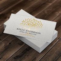 Yoga Instructor Gold Tree Elegant Linen Business Card