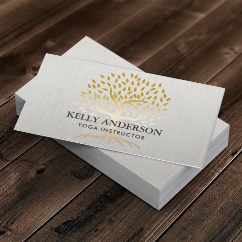 Yoga Instructor Gold Tree Elegant Linen Business Card