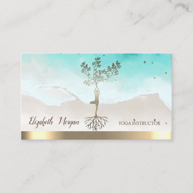 Yoga Instructor Gold Tree Women Silhouette Business Card (Front)