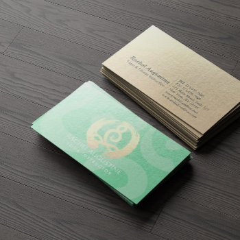 Yoga Instructor Green Gold Meditation Pose Zen Om Business Card by ReadyCardCard at Zazzle