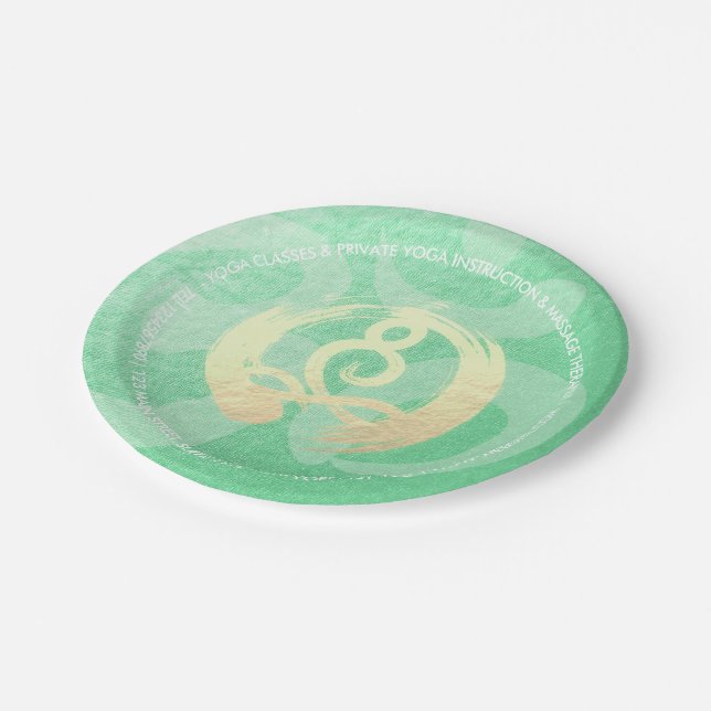 Yoga Instructor Green Gold Meditation Pose ZEN OM Paper Plates (Angled)