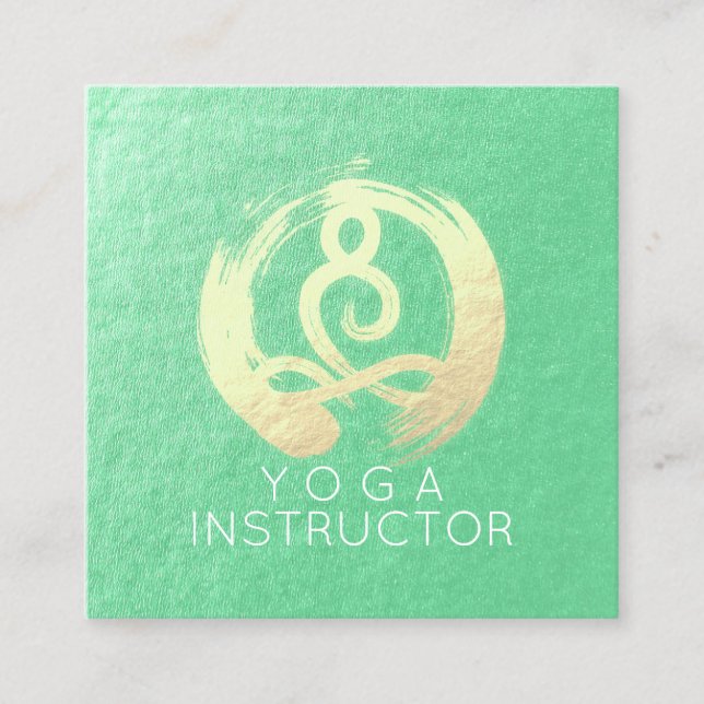 Yoga Instructor Green Gold Meditation Pose ZEN OM Square Business Card (Front)
