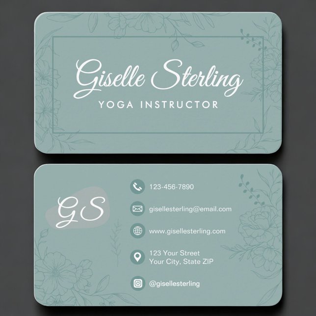 Yoga Instructor Green Teal Floral Business Card (Creator Uploaded)