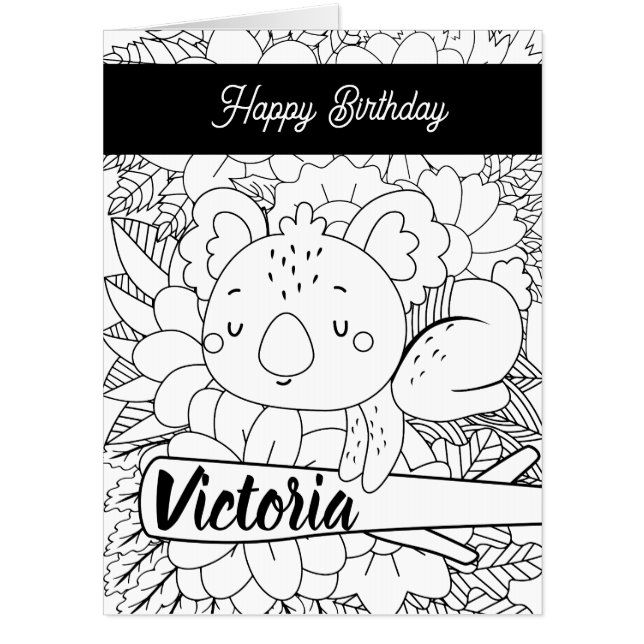 Yoga Instructor Koala Birthday Floral Coloring Card (Front)