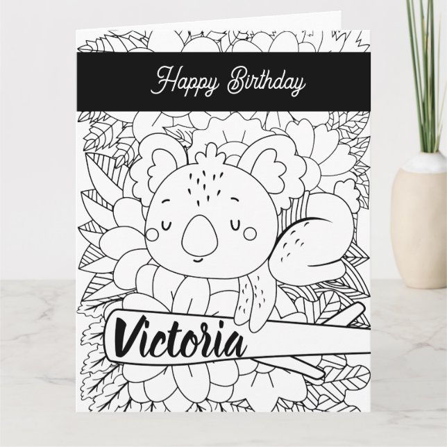 Yoga Instructor Koala Birthday Floral Coloring Card (Front)