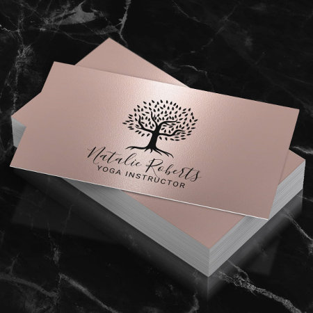 Yoga Instructor Life Coach Tree Logo Rose Gold Business Card