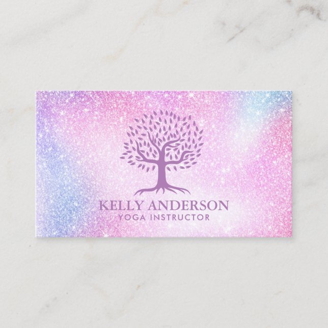 Yoga Instructor Life Tree Modern Pastel Glitter Business Card (Front)