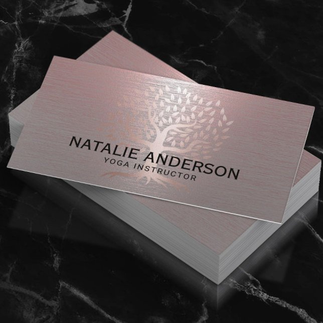 Yoga Instructor Life Tree Modern Pink Metallic Business Card (Creator Uploaded)