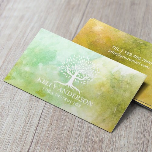 Yoga Instructor Life Tree Spring Watercolor Business Card