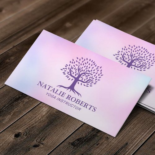 Yoga Instructor Life Tree Watercolor Pink Ombre Business Card