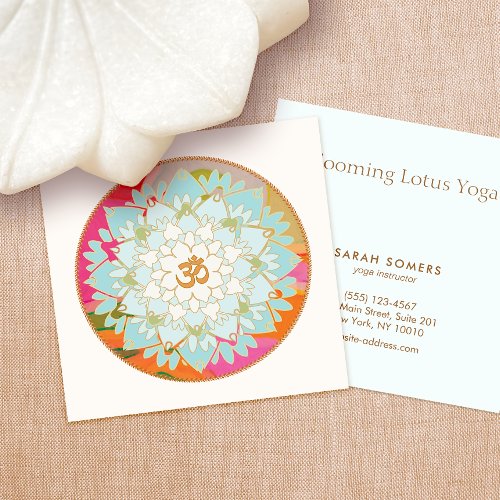 Yoga Instructor Lotus Flower and Om Symbol Square Business Card