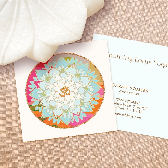 Yoga Instructor Lotus Flower and Om Symbol Square Business Card (Creator Uploaded)