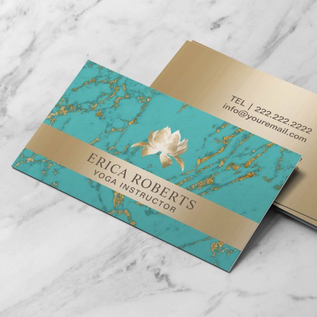 Yoga Instructor Lotus Logo Trendy Teal & Gold Business Card (Creator Uploaded)