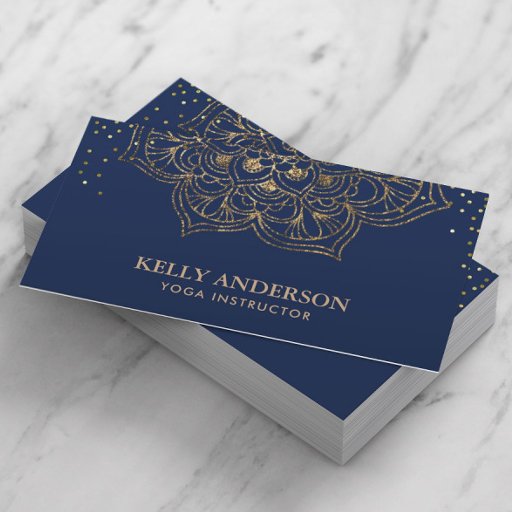 Customizable Yoga Instructor Lotus Mandala Elegant Navy &amp; Gold Business Card