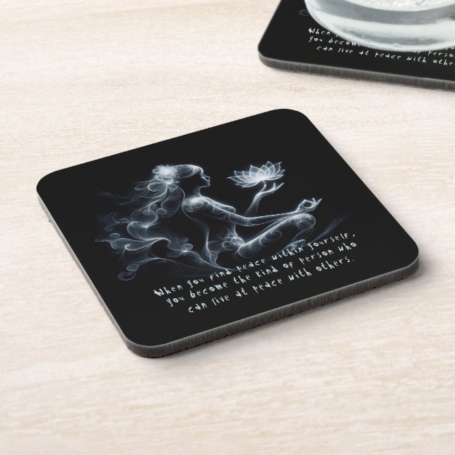 Yoga Instructor Lotus Meditation Pose Glowing Mist Beverage Coaster (Left Side)