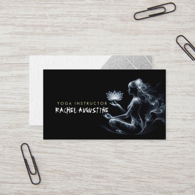 Yoga Instructor Lotus Meditation Pose Glowing Mist Business Card (Front/Back In Situ)