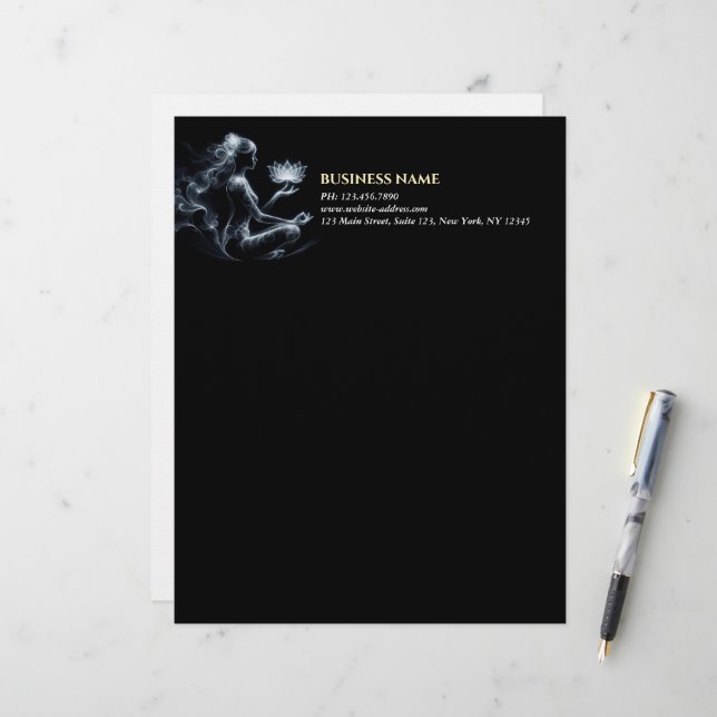 Yoga Instructor Lotus Meditation Pose Glowing Mist Letterhead (Front/Back In Situ)