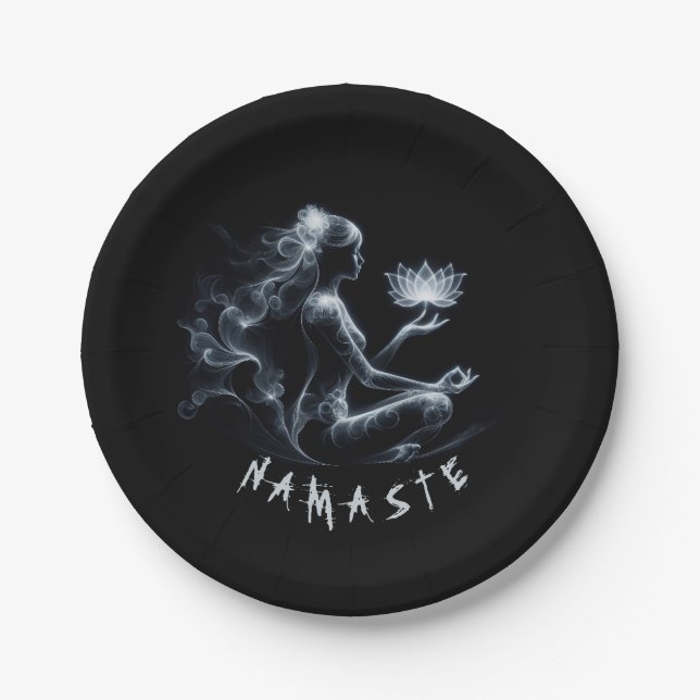 Yoga Instructor Lotus Meditation Pose Glowing Mist Paper Plates (Front)