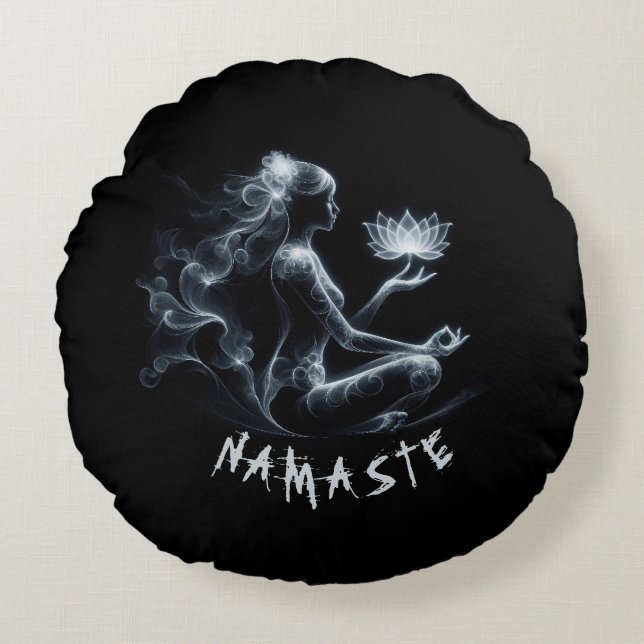 Yoga Instructor Lotus Meditation Pose Glowing Mist Round Pillow (Front)