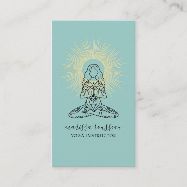 Yoga Instructor Lotus Pose Blue Green Business Card (Front)