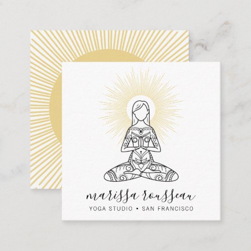 Yoga Instructor Lotus Pose Gold Sun Rays Square Business Card