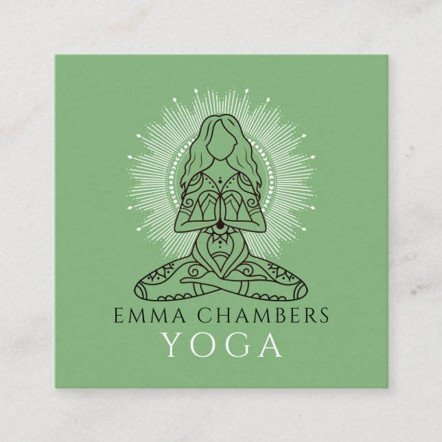Yoga Instructor Lotus Pose White Mandala Green Square Business Card (Front)