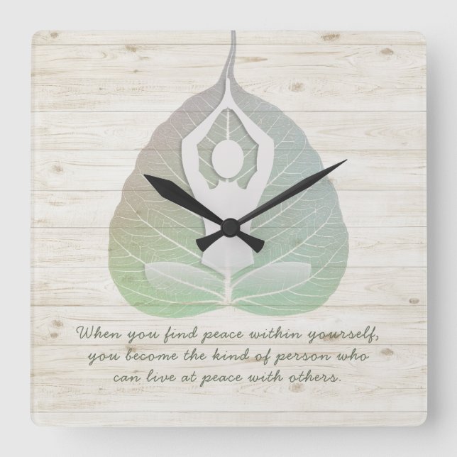Yoga Instructor Meditation Pose Bodhi Leaf Quotes Square Wall Clock (Front)