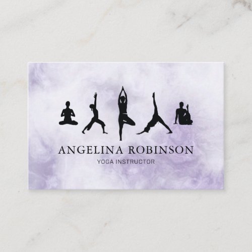 Yoga Instructor | Meditation Pose Business Card - Yoga instructor business cards featuring a tranquil purple marble background, silhouette yoga poses, your name, job title, and contact information.