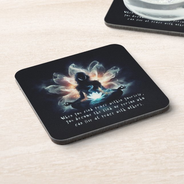 Yoga Instructor Meditation Pose Glowing Mist Lotus Beverage Coaster (Left Side)