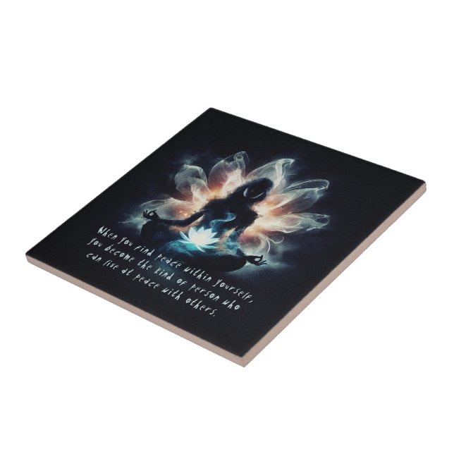 Yoga Instructor Meditation Pose Glowing Mist Lotus Ceramic Tile (Side)