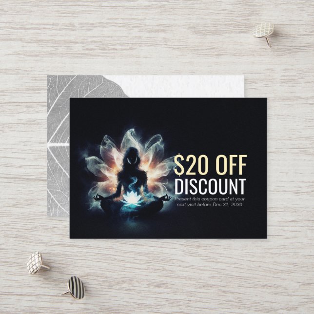 Yoga Instructor Meditation Pose Glowing Mist Lotus Discount Card (Front/Back In Situ)