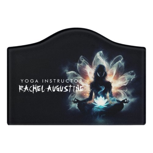 Yoga Instructor Meditation Pose Glowing Mist Lotus Door Sign