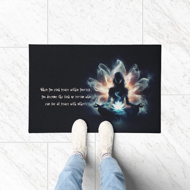 Yoga Instructor Meditation Pose Glowing Mist Lotus Doormat (Indoor)
