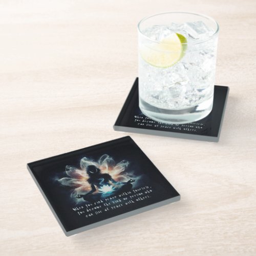 Yoga Instructor Meditation Pose Glowing Mist Lotus Glass Coaster