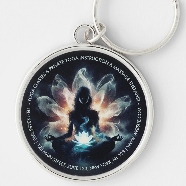 Yoga Instructor Meditation Pose Glowing Mist Lotus Keychain (Front)