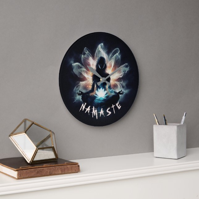 Yoga Instructor Meditation Pose Glowing Mist Lotus Large Clock (Office)